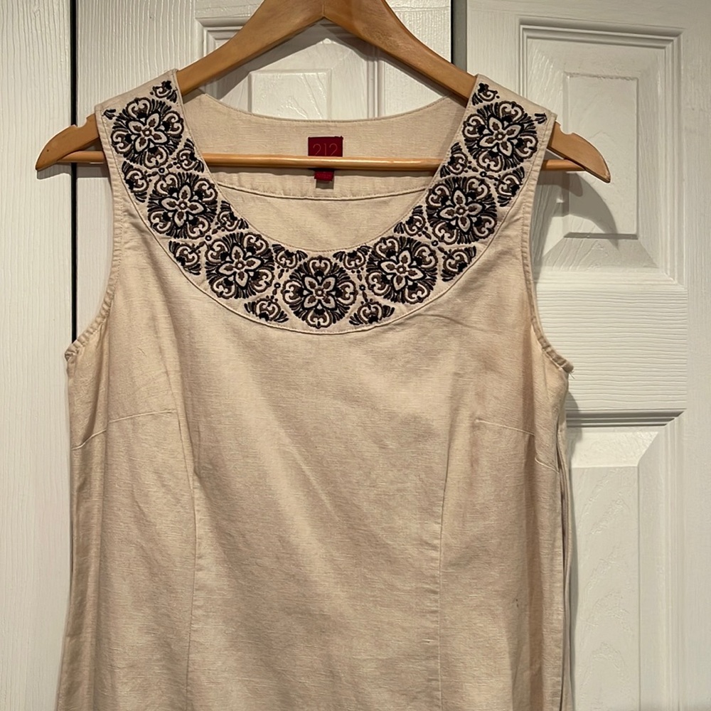 Linen dress. Beige. Black embroidery around neck line